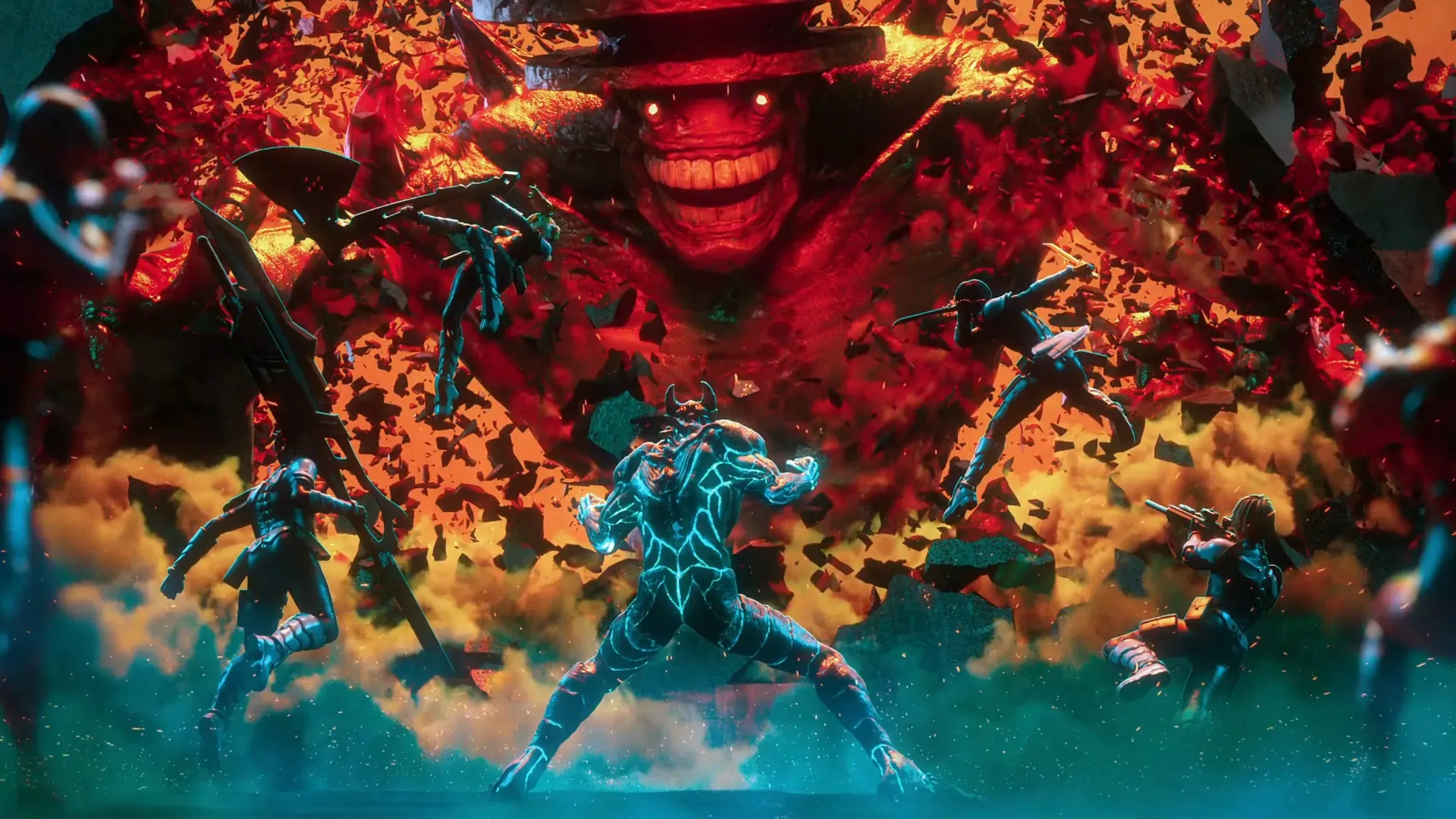 第2期のキービジュアル。全身にシアンの光の筋が走る怪獣8号が爆炎の中心に立ち、宙を舞う防衛隊員たちに囲まれている。その背後では、赤い目を光らせて不気味に笑う巨大な怪獣が、燃え上がる空を覆っている。